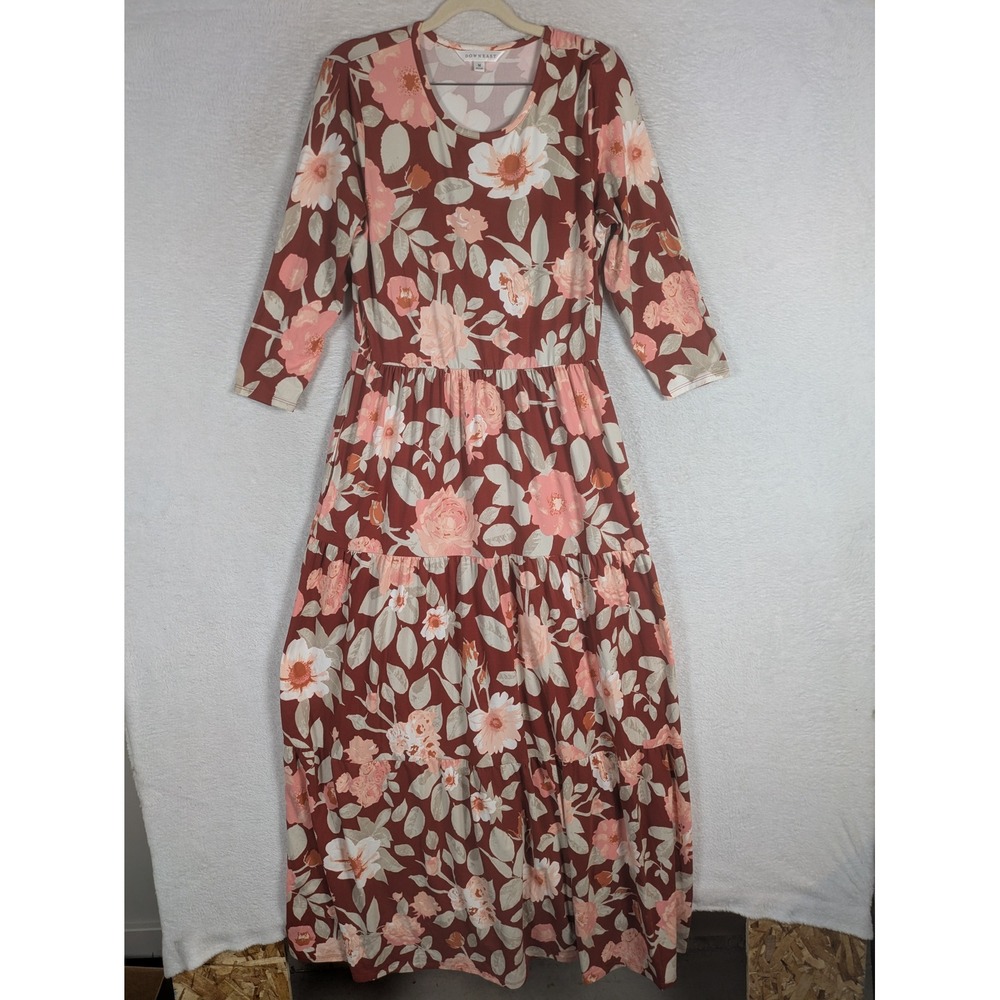 DownEast Maxi Dress Women's M Rust Pink Floral Tiered 3/4 Sleeve Pockets Stretch